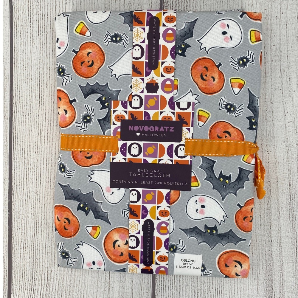 Novogratz Halloween Tablecloth 60x84 Gray Ghost Pumpkin Bat Spider Oblong